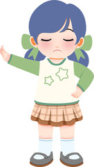 A frustrated young girl with eyes closed, raising her hand in a gesture of refusal or stopping, wearing a green sweater and plaid skirt