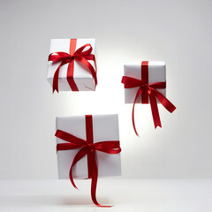 Floating festive gift boxes with red ribbons isolated on light background for holiday celebration and seasonal marketing design concepts