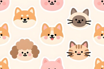 Fototapeta premium Cute Dog and Cat Head Faces Seamless Pattern, Adorable Cartoon Vector Illustration Background