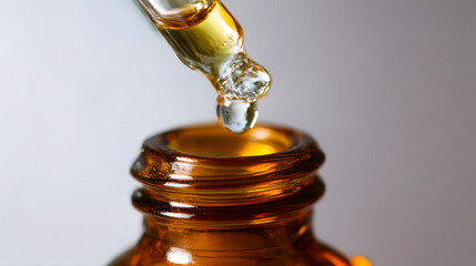 Essential Droplet Extraction: Close-up of amber glass bottle with a pipette dispensing a single, shimmering drop of an essential liquid, capturing the essence of natural remedy.