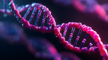 Three dimensional rendering depicts a complex biological structure with bright magenta and blue illumination