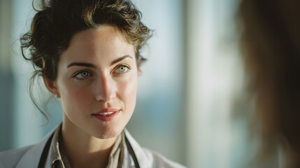 Attentive female healthcare professional engages in a consultation with an out-of-focus individual