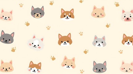 Cute Dog and Cat Head Faces Seamless Pattern, Adorable Cartoon Vector Illustration Background