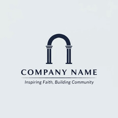 A logo featuring a dark blue arch supported by two classical pillars, with 