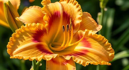 A vibrant, detailed close-up of a daylily flower, showcasing its ruffled orange and reddish-pink petals.