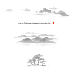 Hand-drawn ink wash painting of small rocky islands with distant mountains, mist, and pine trees, featuring traditional brushwork in light monochrome tones.