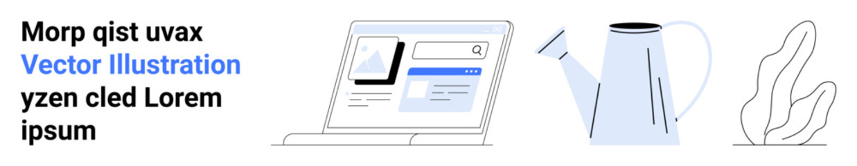 Digital productivity, technology tools, workspace design, gardening , home decor, creative environments. Laptop screen interface, watering can and potted plant outline. Digital productivity