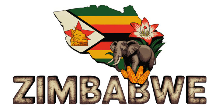 Zimbabwe map with national flag, elephant, corn and flower illustration, African wildlife and agriculture travel design