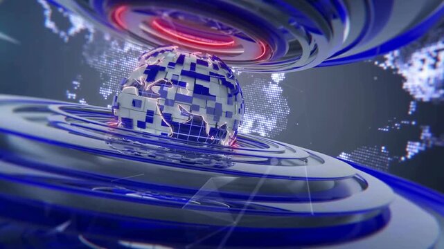 Animated 3D world map with glowing networks and dynamic motion, ideal for news intros and global broadcast themes.
