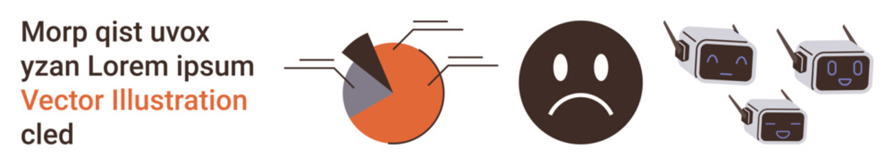 Data analysis, artificial intelligence, emotional expression, technology trends, automation, communication. Pie chart with labels, sad face emotion and small robotic faces . Data analysis and AI