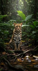 A captivating clouded leopard, exquisitely detailed, sits amidst the lush greenery of a tropical rainforest, bathed in dappled sunlight.