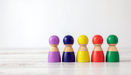 Five colorful wooden figurines on white background symbolizing population segments, demographic data, and age distribution concepts.
