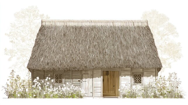 Rustic thatched roof cottage illustration against a white backdrop with vegetation