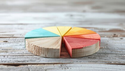 Colorful wooden pie chart on rustic wood background, symbolizing demographic data, statistics, and population distribution across age groups.