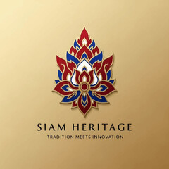 Siam Heritage logo featuring a stylized traditional Thai motif in red, blue, and white on a golden background with the tagline "Tradition Meets Innovation". © aninurkha