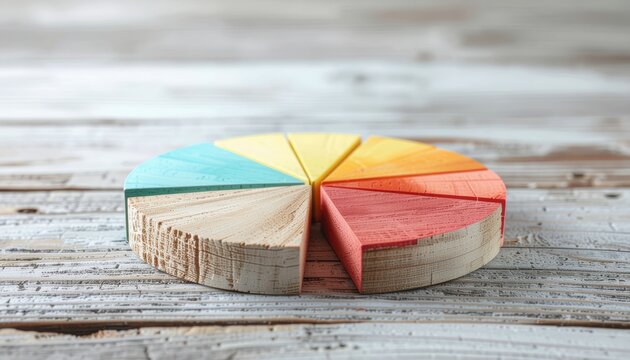 Colorful wooden pie chart on rustic wood background, symbolizing demographic data, statistics, and population distribution across age groups. - Powered by Adobe