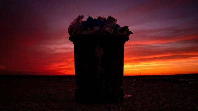 Overflowing trash can at sunset illustrates environmental problems