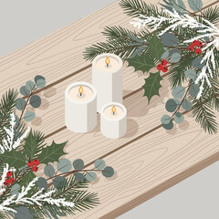 Festive holiday scene with candles pine branches and holly on wooden table