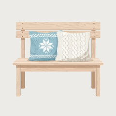 Naklejka premium Minimalist wooden bench with cozy knitted and quilted pillows in a rustic setting