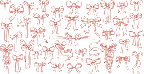 Whimsical collection of hand-drawn decorative bows and ribbons, intricate outline illustrations on dark