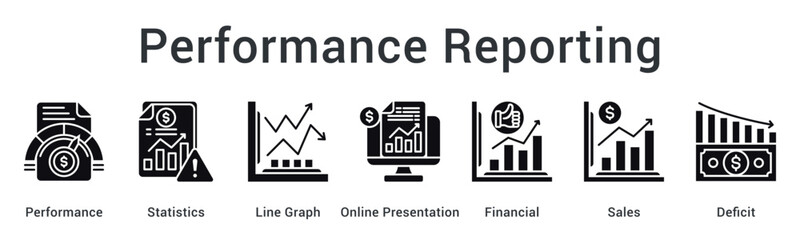 Performance reporting displaying statistics and graphs in online presentations showing financial sales and deficit analysis.