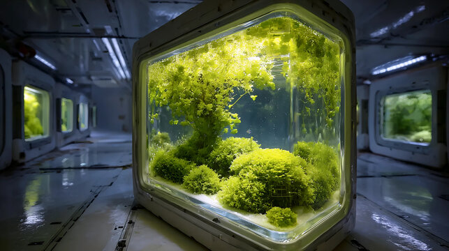 Futuristic plant terrarium in lab, Sci-fi bio-dome with glowing greenery, Advanced botanical research chamber
