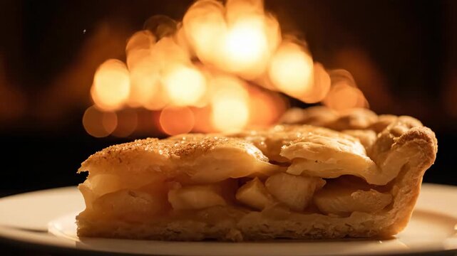 Slice of apple pie in front of fire in a cozy setting indoors