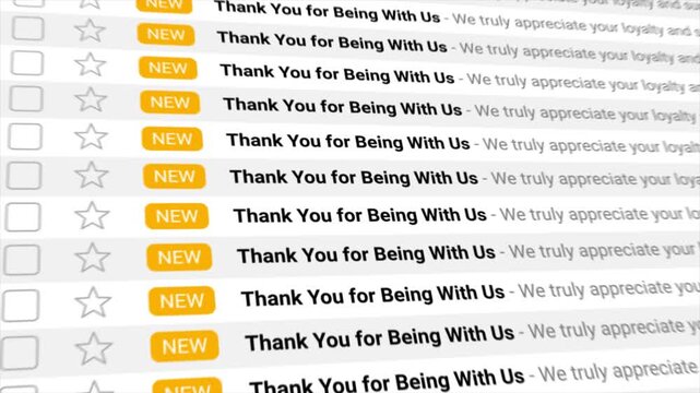 Thank You for Being with Us emails fill a digital inbox in a smooth animated sequence. Perfect for illustrating customer loyalty, appreciation, marketing success, and effective digital communication.