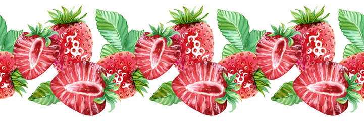 A beautiful seamless border of sweet strawberries. A bright, juicy berry pattern. A template for an endless banner for jam, marmalade, cosmetics, and just for summery feel. Watercolor illustration