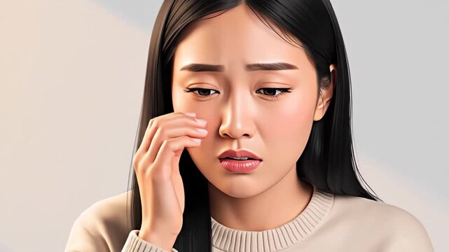 Asian Woman Deals With Intense Headache And Possible Sinus Issues, Feeling Unwell Clearly Displayed
