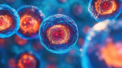 Abstract cellular network, glowing blue and red microscopic cells interconnected,  on blurred background