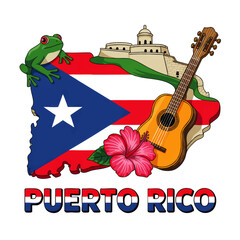 Puerto Rico illustration with flag map, El Morro fortress, frog, guitar and hibiscus flower for travel and tourism design