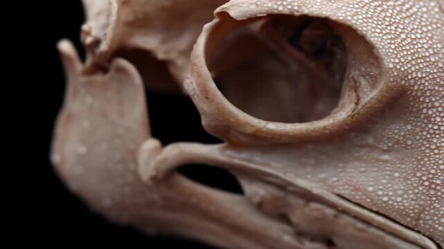 Macro shot of an animal skull eye socket, highlighting texture and form, against a black background