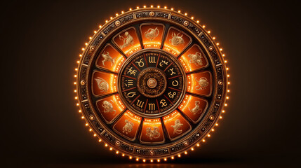 Fortune teller and Astrology concept ,Glowing fortune wheel with twelve zodiac signs, ornate gold detail, mystical, circular, astrology