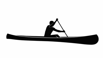 Silhouette of a person paddling a long canoe boat.