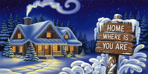 Cozy snowy winter cabin in pine forest at night with warm glowing windows and wooden home where is you are sign illustration