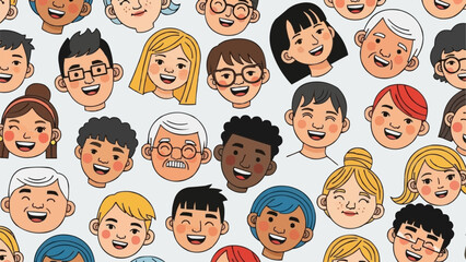 Diverse collection of smiling and laughing cartoon faces from various backgrounds.