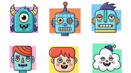Collection of colorful cartoon character faces with various expressions and designs.