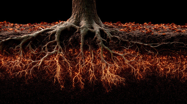 Tree roots glowing as they absorb underground carbon, creating vibrant and magical effect beneath soil