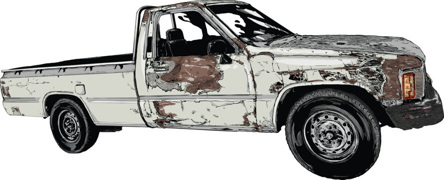 Distressed Vintage Pickup Truck with Rusty Paint Detailed Vector Illustration
