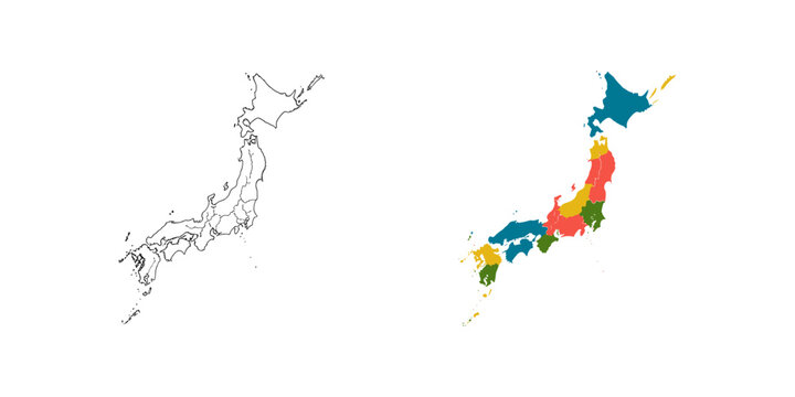 Map of japan showing islands and colorful regions