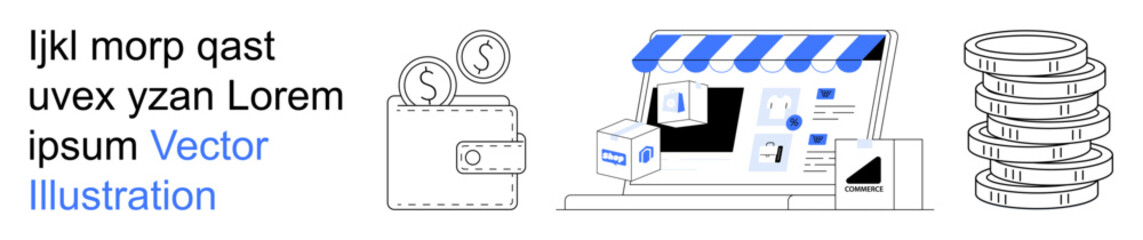 E-commerce, digital wallets, online transactions, financial technology, retail business, consumer spending. Graphic of a storefront, wallet coins and boxes. E-commerce and digital wallets concept
