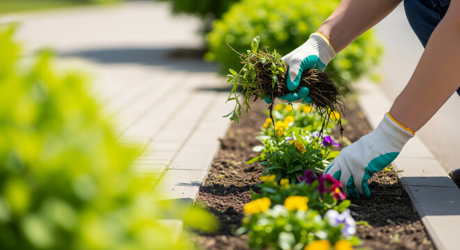 Spring Garden Weeding Scene with Hands Removing Weeds &mdash; Landscaping, Spring Maintenance, Outdoor Gardening Background