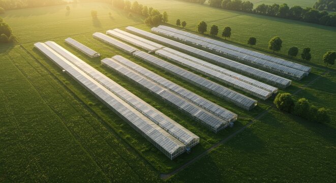 Aerial view of greenhouses in a field at sunrise, showcasing modern agriculture and sustainable farming practices. - Powered by Adobe