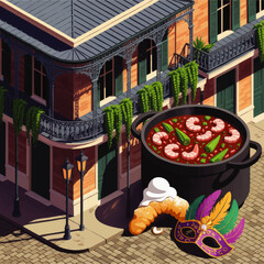 Colorful New Orleans street scene with iron balcony, shrimp gumbo pot, beignet dessert and Mardi Gras carnival mask illustration