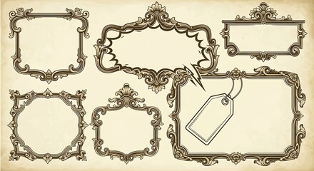Ornate decorative frames in various shapes and sizes, displayed on a textured background, evoke a vintage and elegant aesthetic.