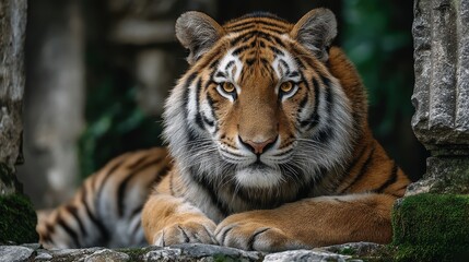 Fototapeta premium Intense Tiger Portrait: Majestic Wild Cat with Golden Eyes, Wildlife, Animal