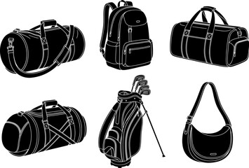 Detailed vector illustration set showcasing duffel bags, backpack, golf bag, and shoulder bag with clean outlines, modern styling, and versatile travel and sports functionality