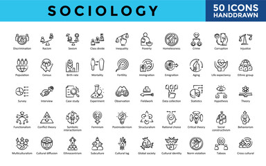 Sociology icons set with ethnocentrism, subculture, cultural lag, global society, cultural identity, norm violation, taboos, cross cultural icon. Simple handdrawn vector illustration 
