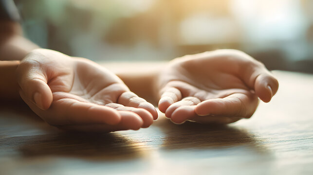 Open Hands: A close-up view of open hands, cupped and outstretched, bathed in soft, inviting light. An invitation to hope and a symbol of openness and offering. - Powered by Adobe